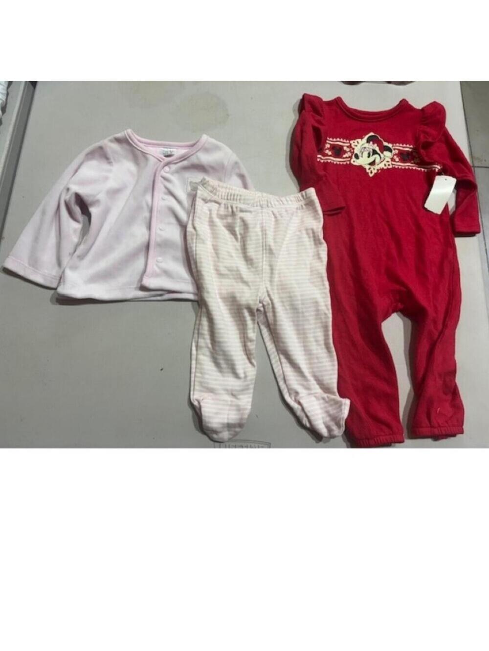 DIsney Minnie Mouse Christmas Girls 6-9 mths Red Jumpsuit & Pink Cardigan, Pants
